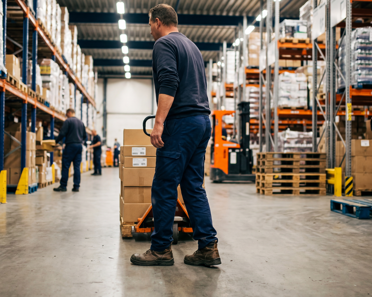 Logistiek medewerker draagt werksokken tegen blaren